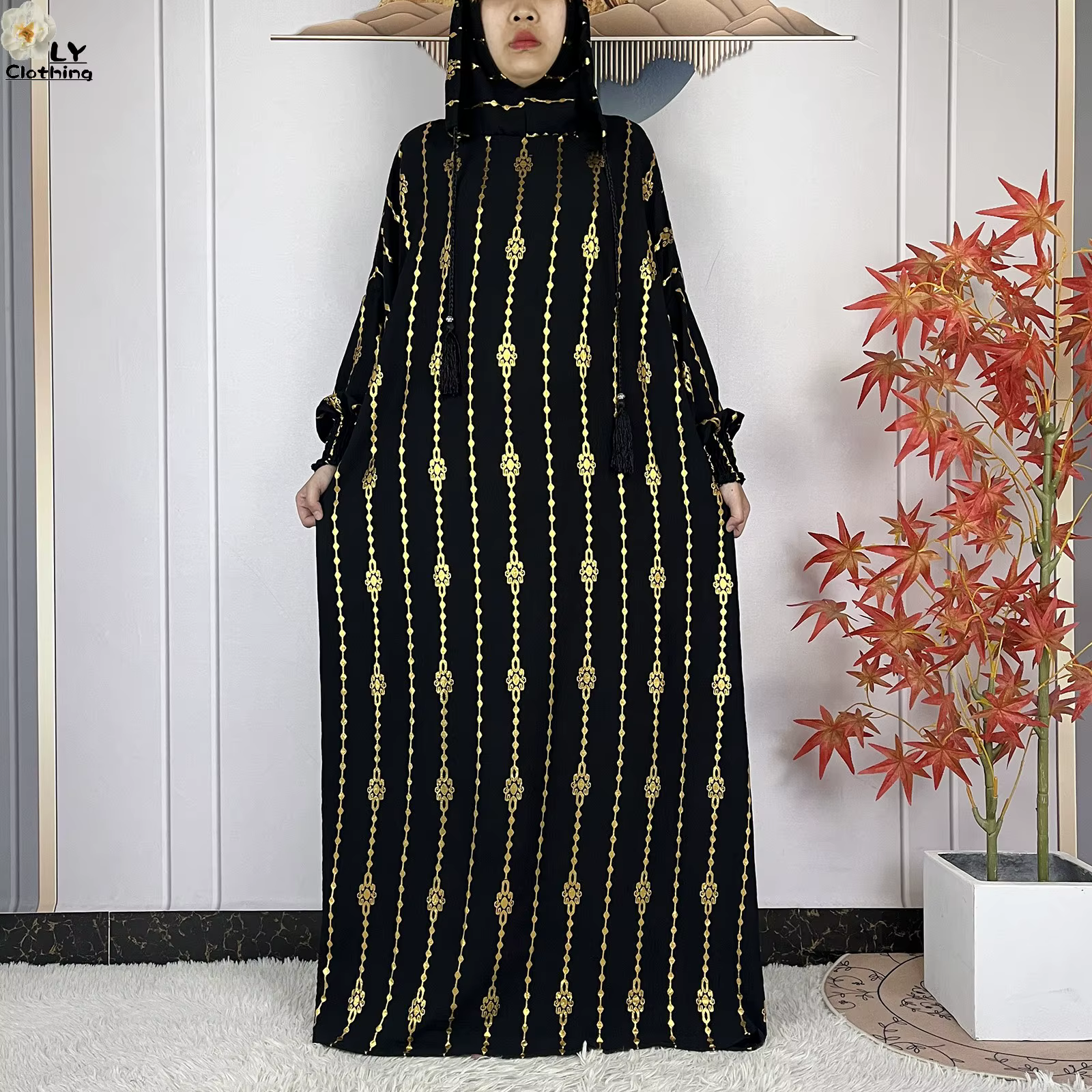 Abaya en Coton Manches Longues avec Capuche