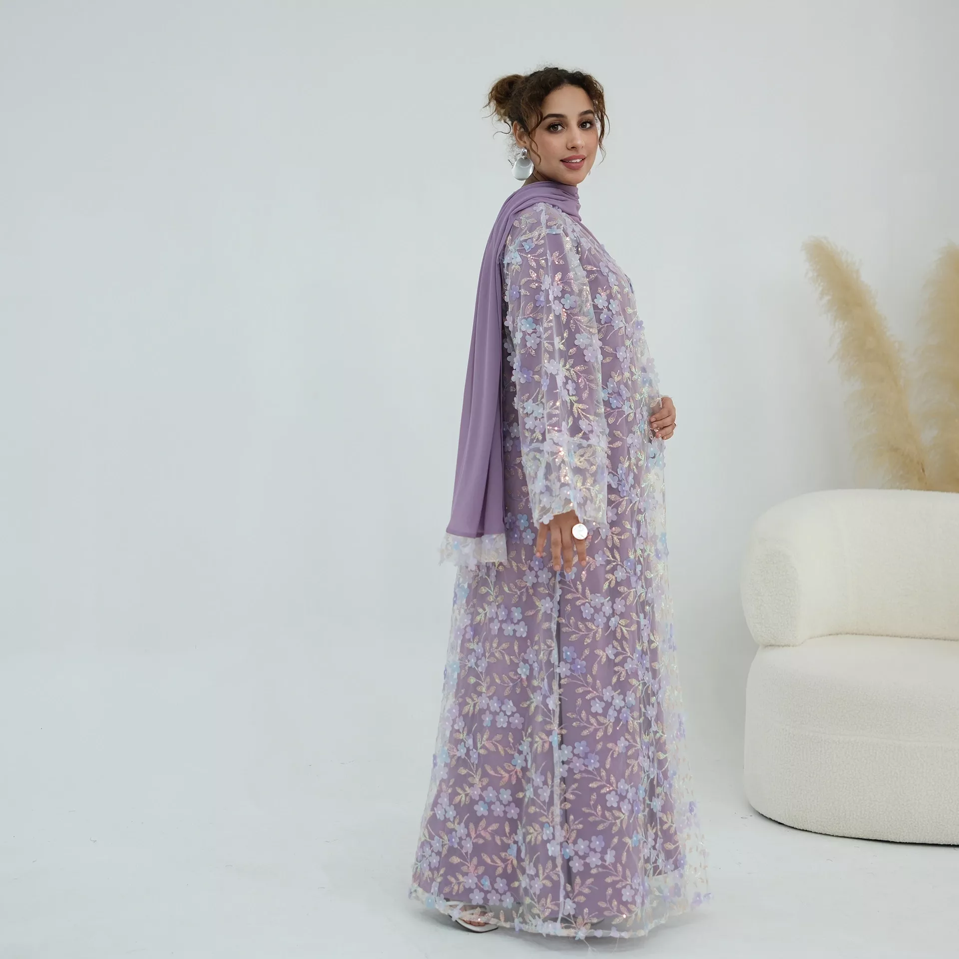 Abaya Dentelle 3 Pièces avec Broderie