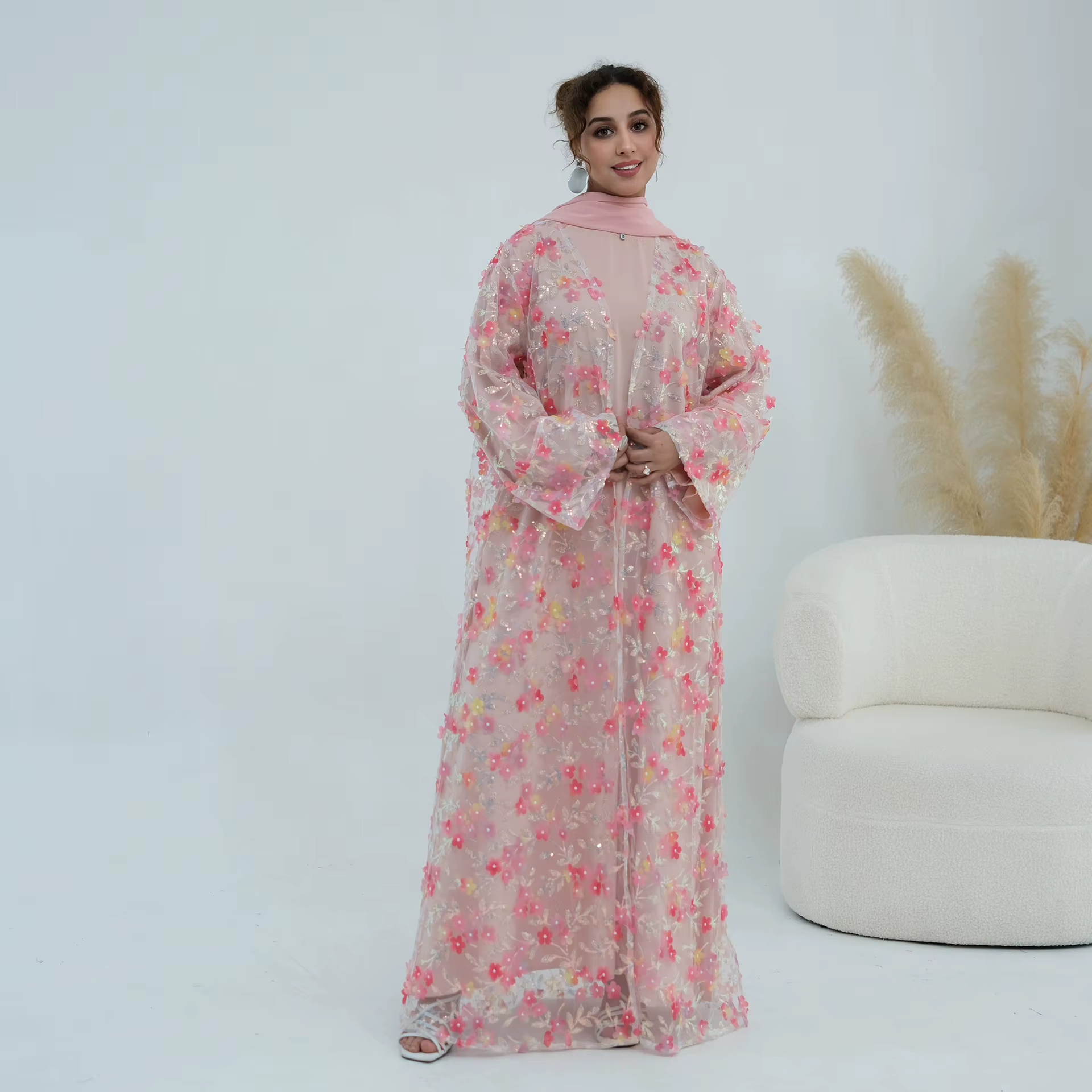 Abaya Dentelle 3 Pièces avec Broderie