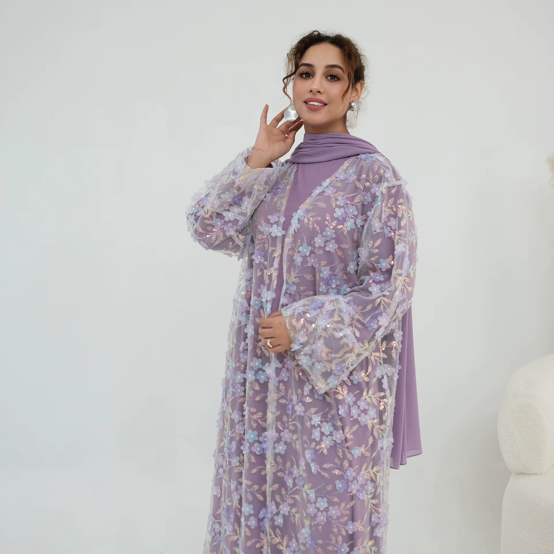 Abaya Dentelle 3 Pièces avec Broderie