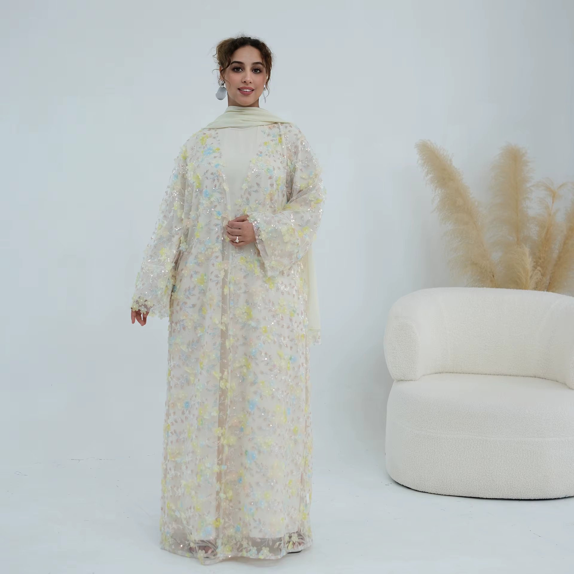 Abaya Dentelle 3 Pièces avec Broderie