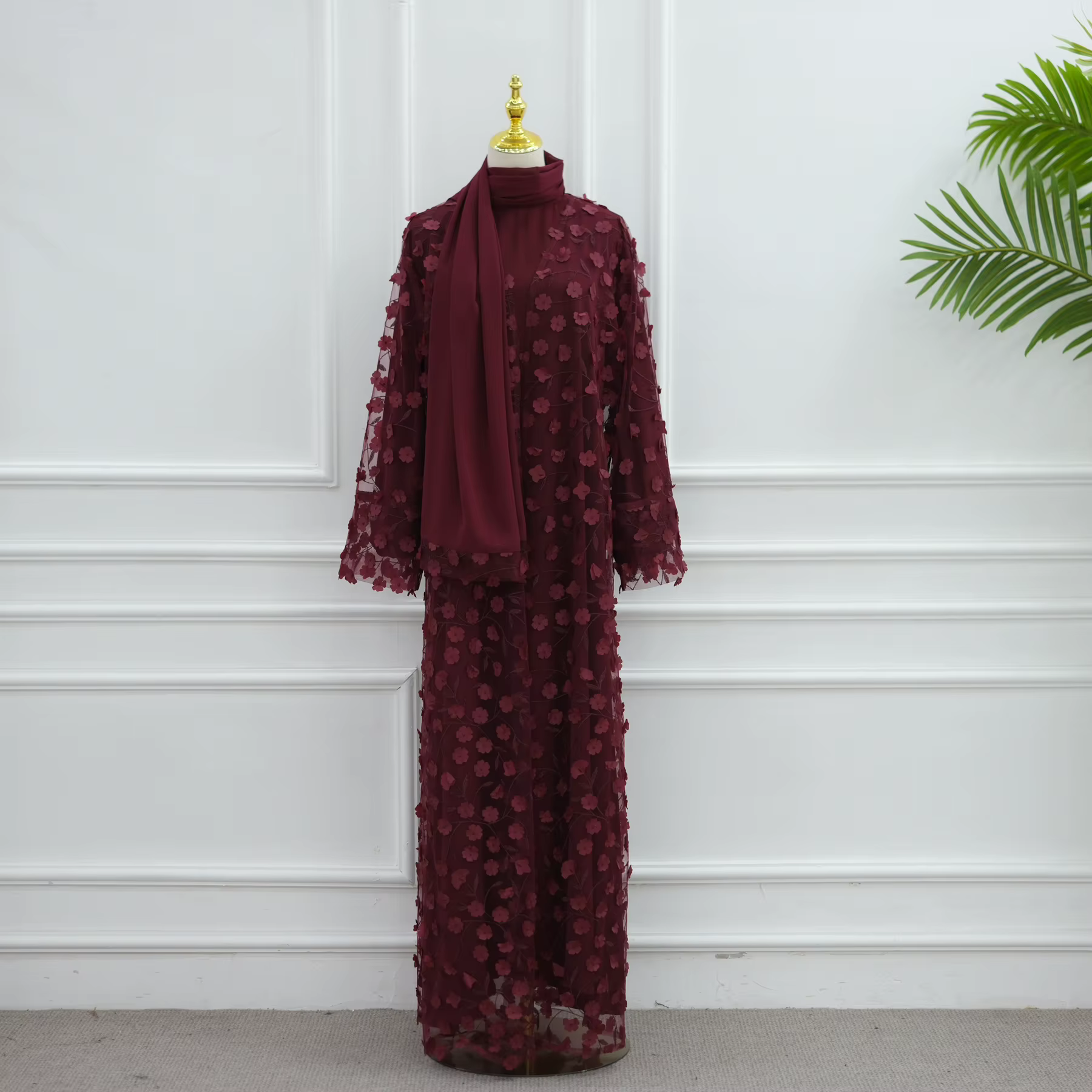 Abaya Dentelle 3 Pièces avec Broderie