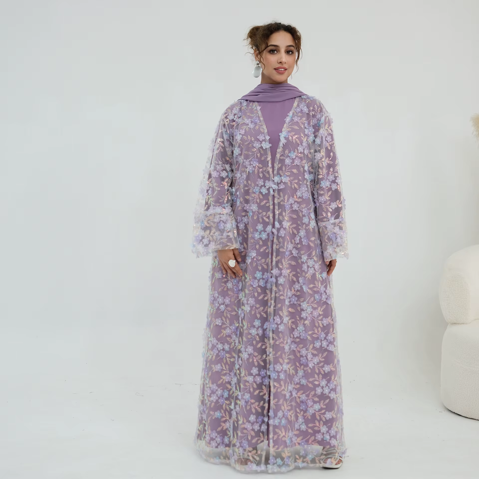 Abaya Dentelle 3 Pièces avec Broderie
