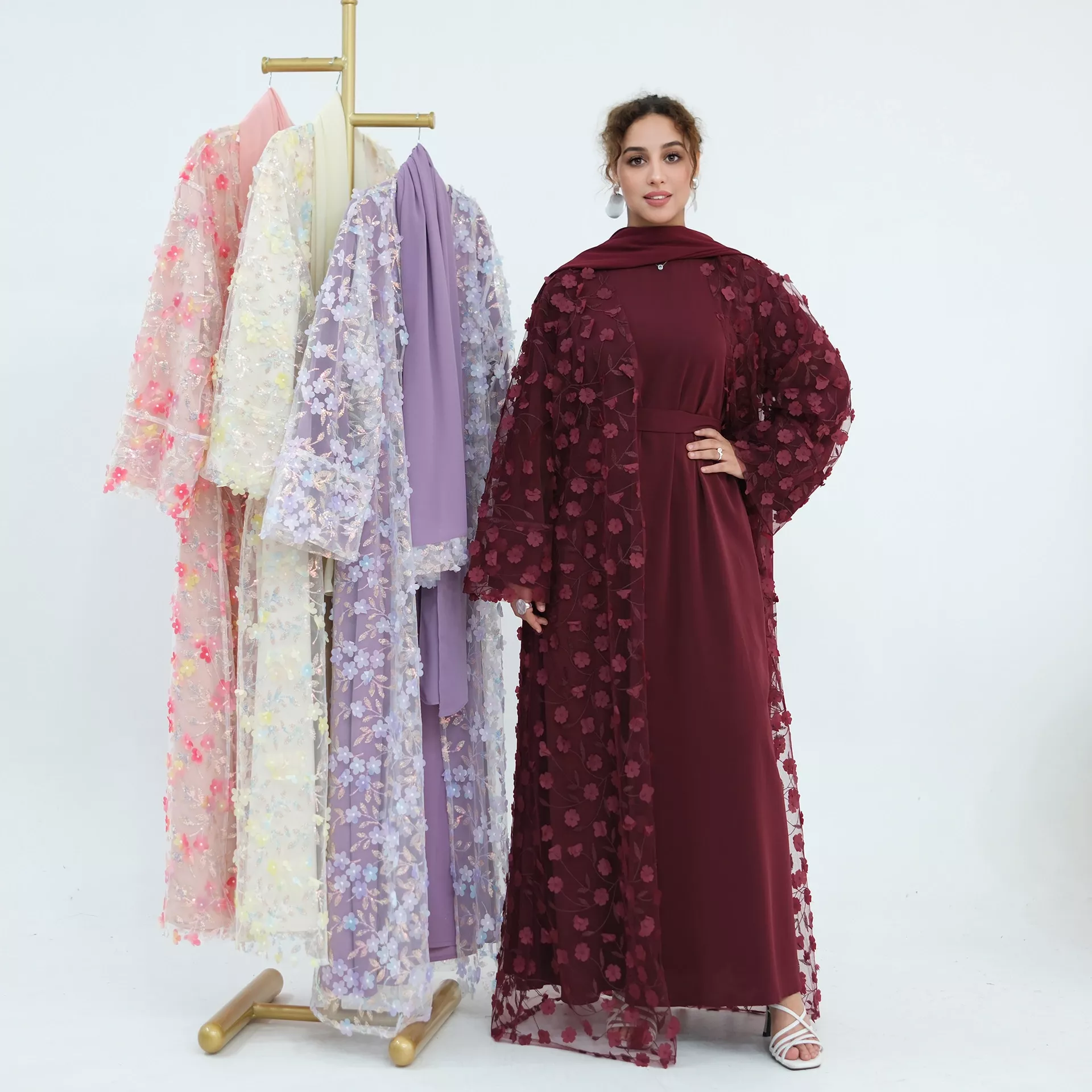 Abaya Dentelle 3 Pièces avec Broderie
