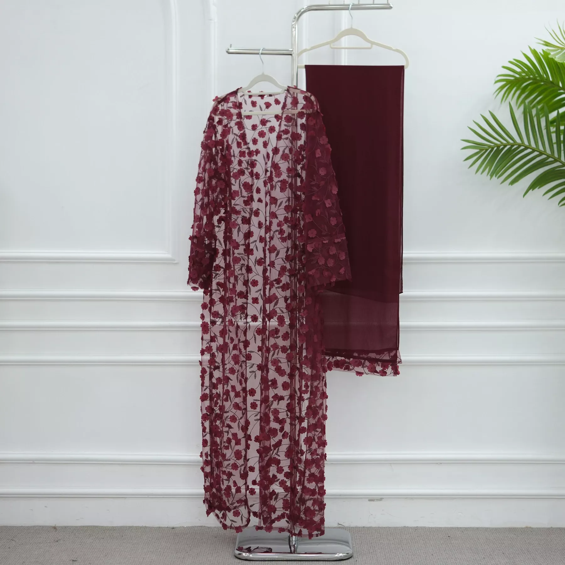 Abaya Dentelle 3 Pièces avec Broderie