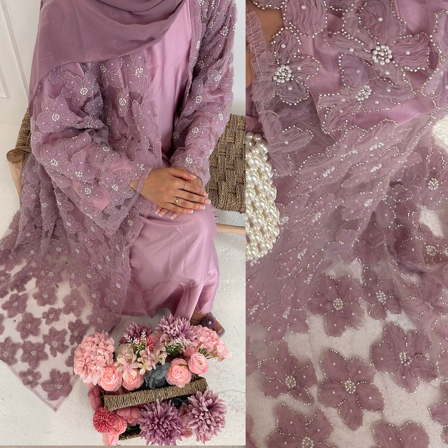  Abaya Dubai dentelle florale perlée