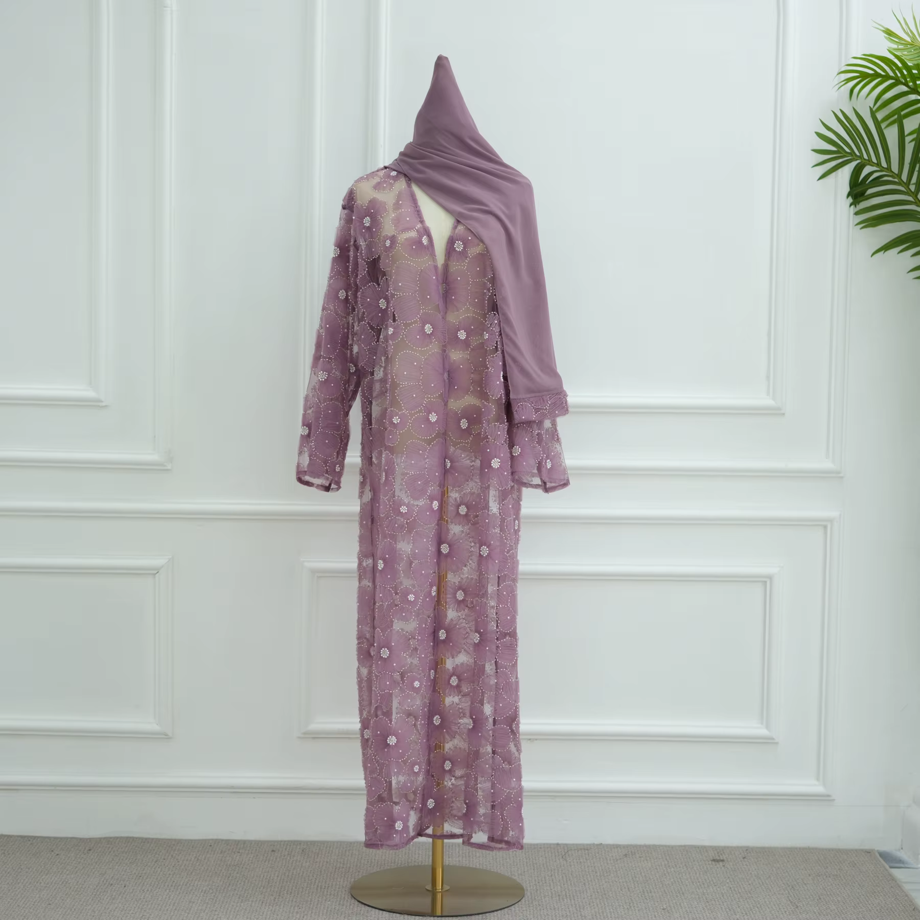  Abaya Dubai dentelle florale perlée