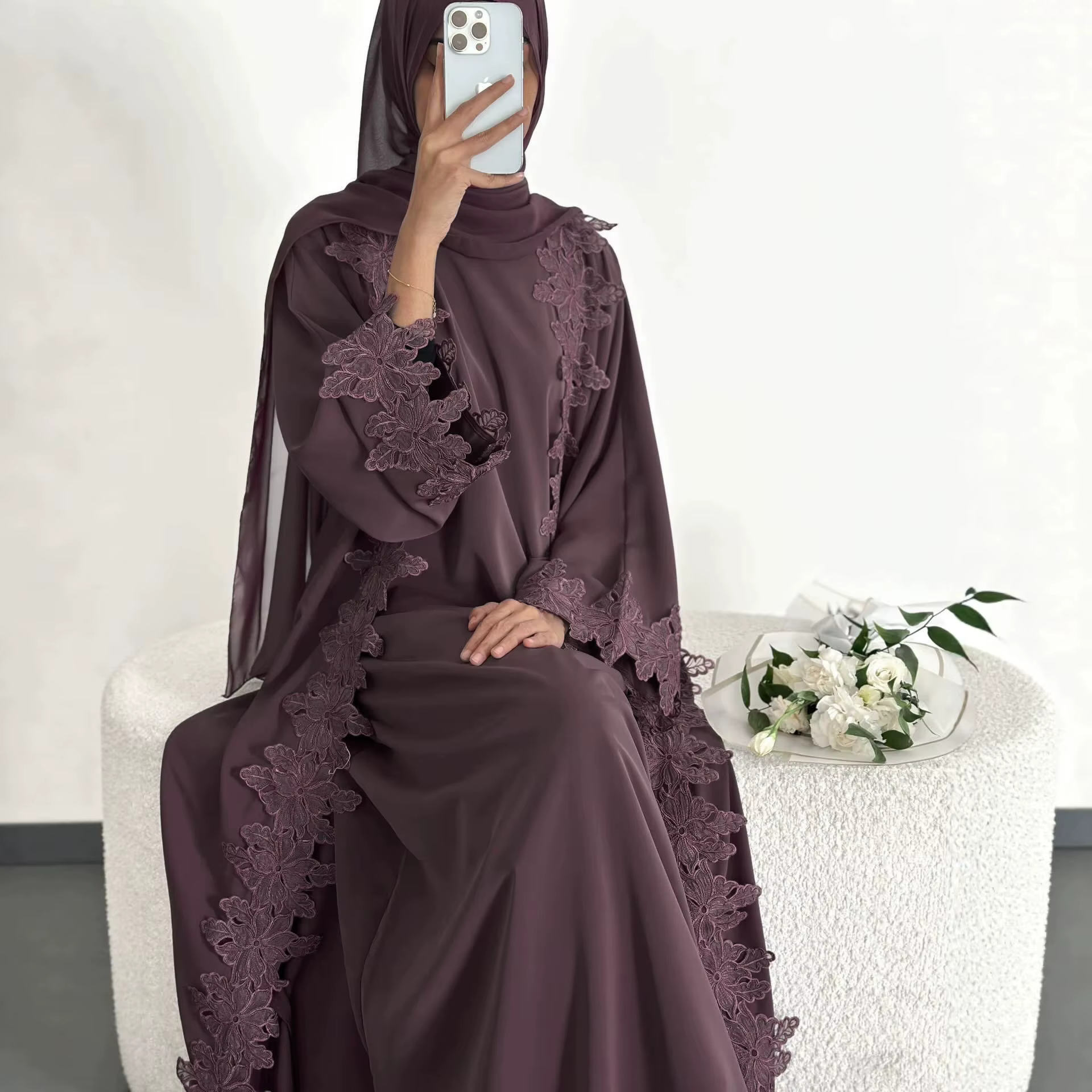 Abaya Dentelle à fleurs Nida, Ensemble 2 pièces