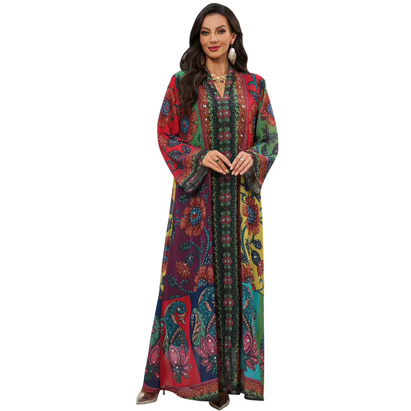  Abaya Dubaï Robe de soirée imprimé musulman Manches Longue 