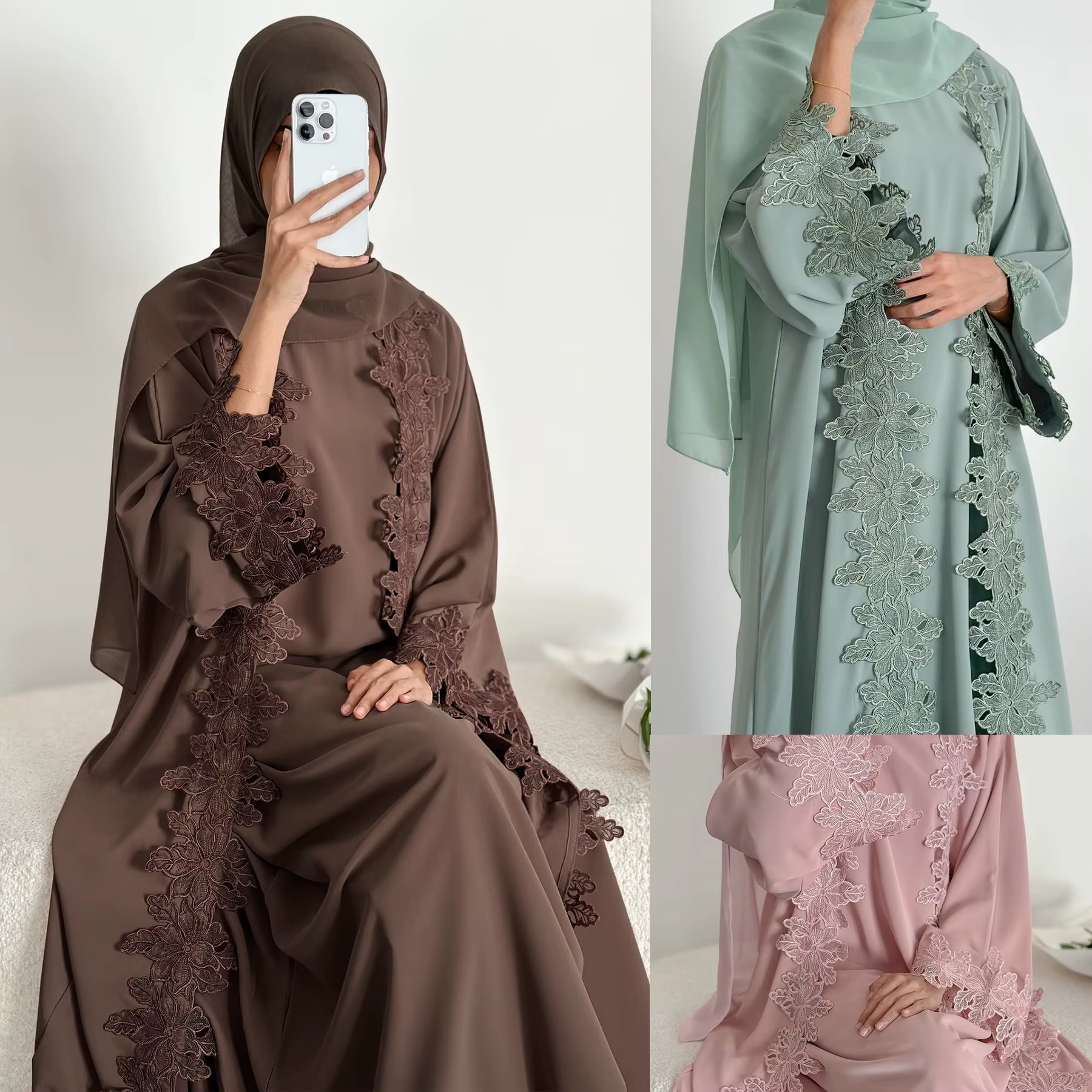 Abaya Dentelle à fleurs Nida, Ensemble 2 pièces