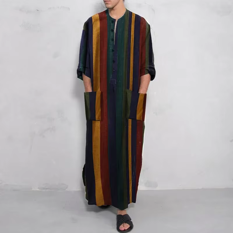 Abaya Homme Imprimé Rayé Style Rétro