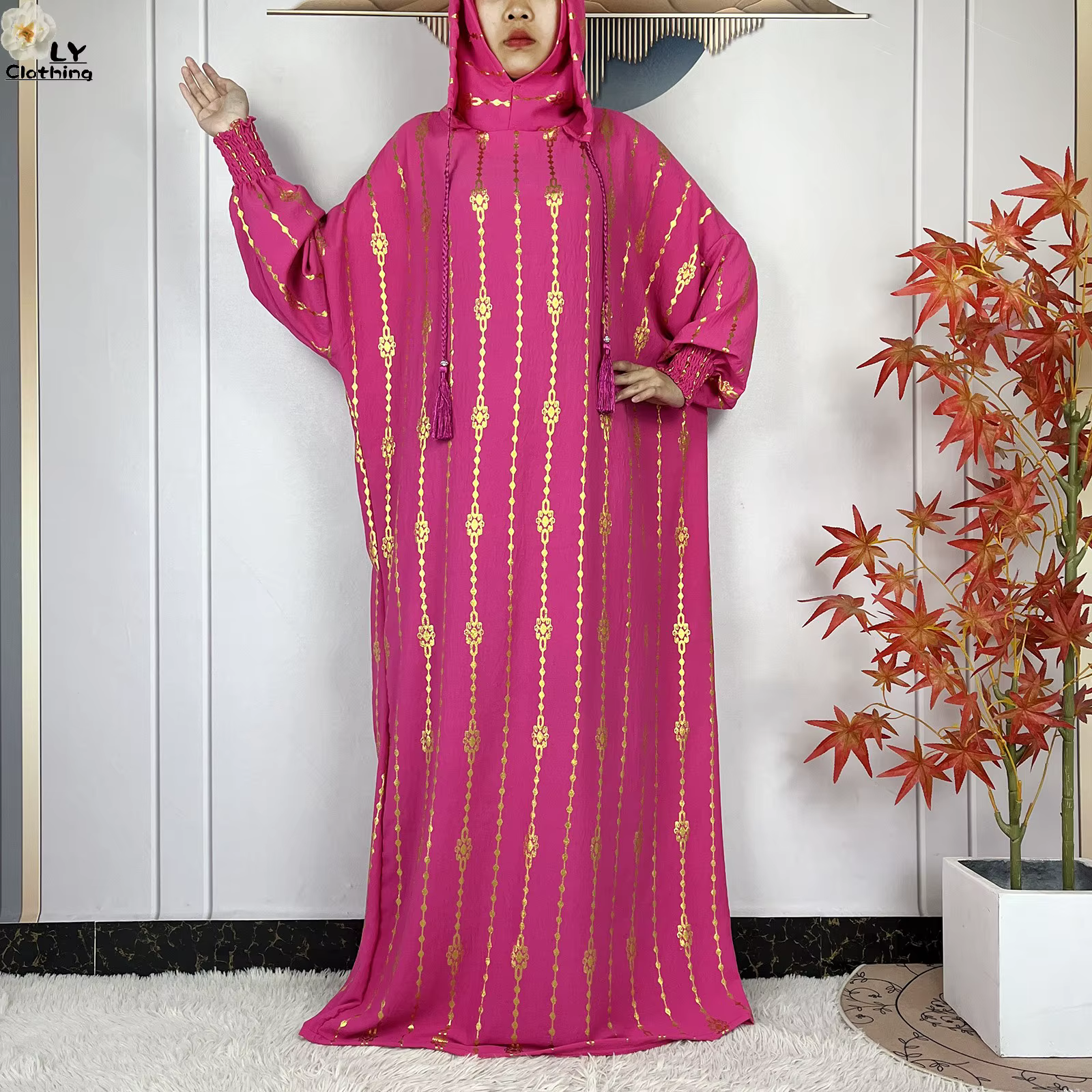 Abaya en Coton Manches Longues avec Capuche