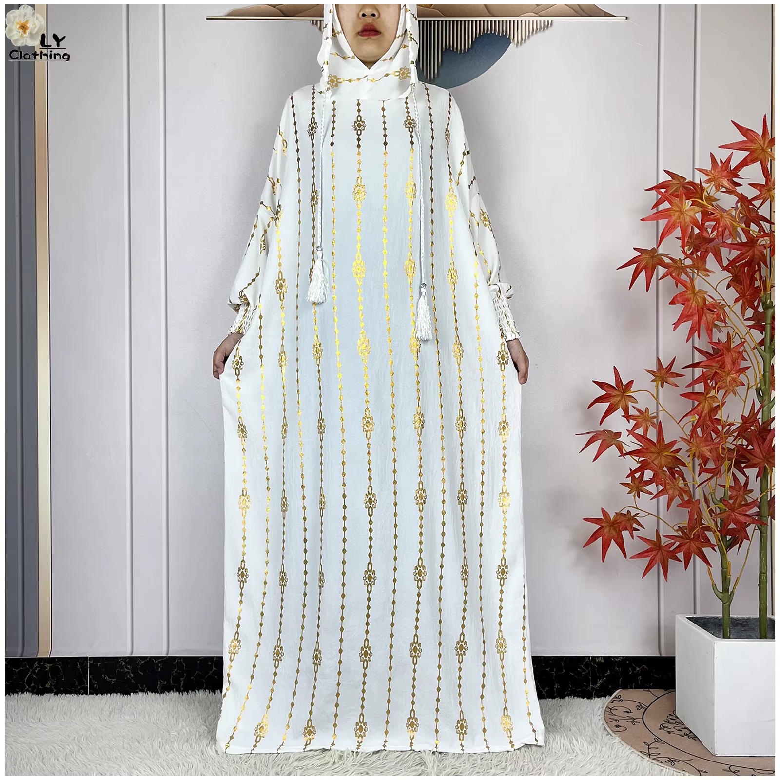 Abaya en Coton Manches Longues avec Capuche