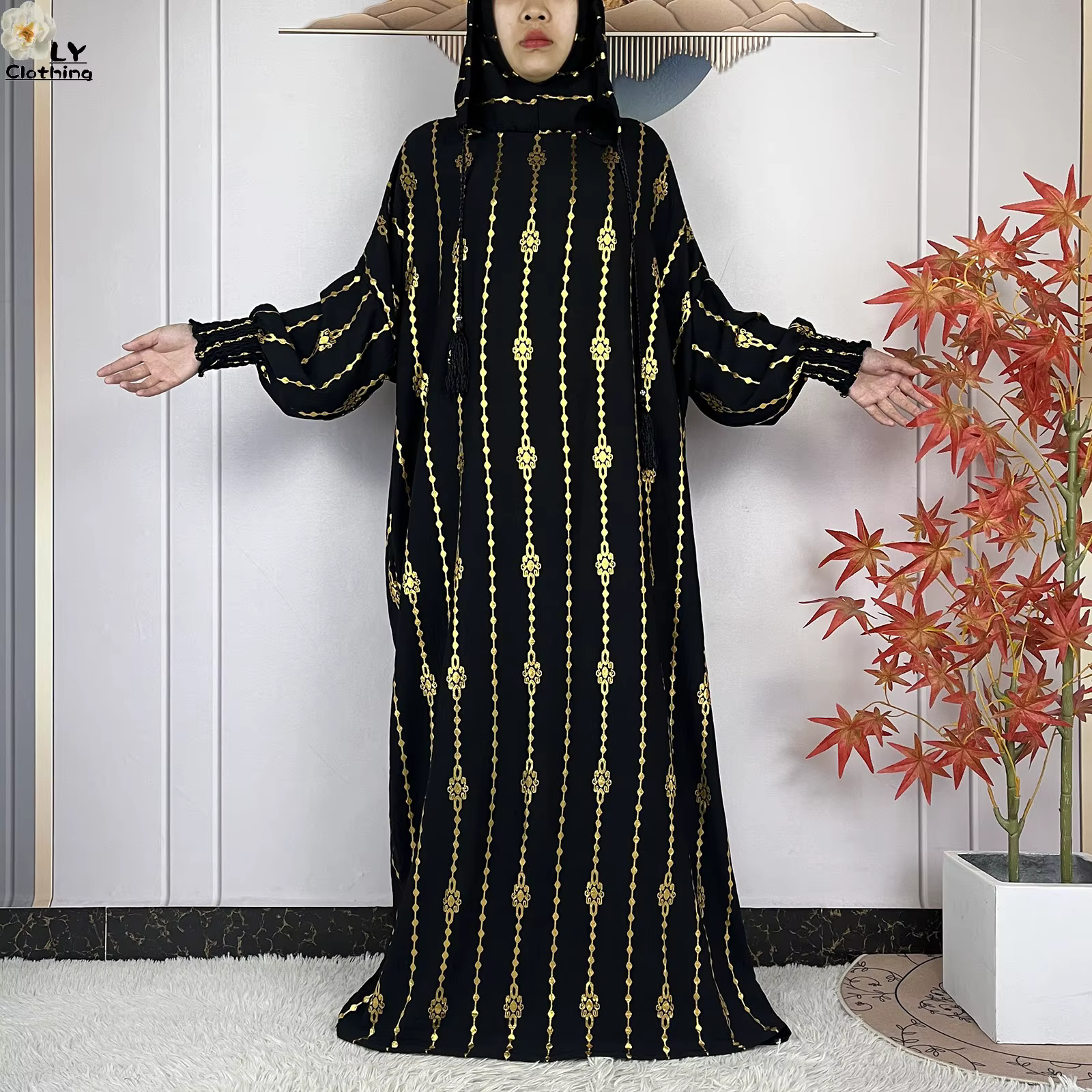 Abaya en Coton Manches Longues avec Capuche