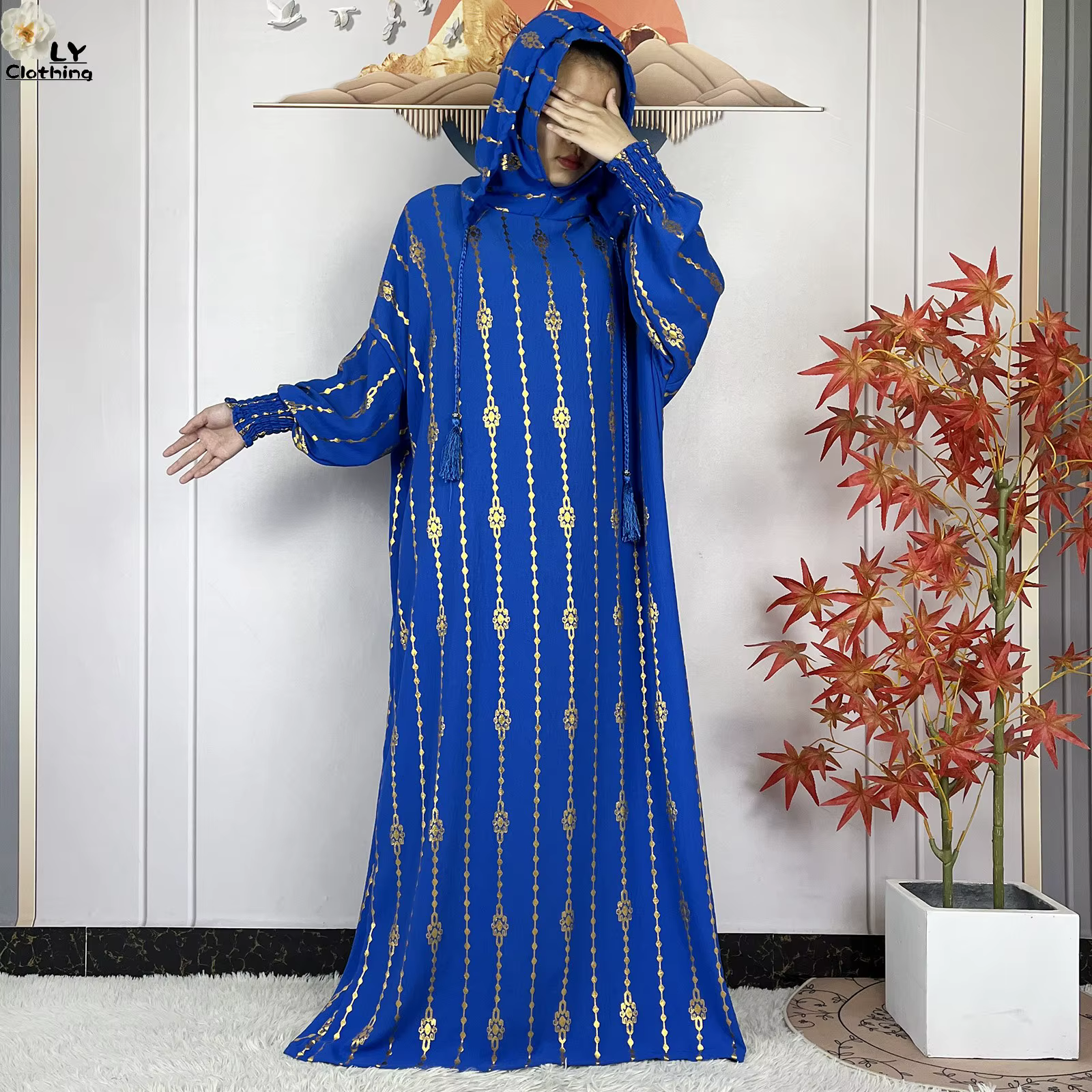 Abaya en Coton Manches Longues avec Capuche
