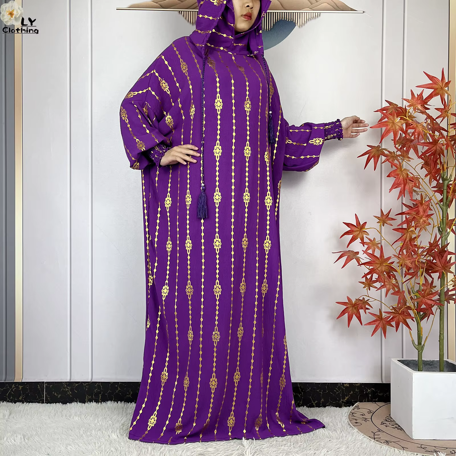 Abaya en Coton Manches Longues avec Capuche